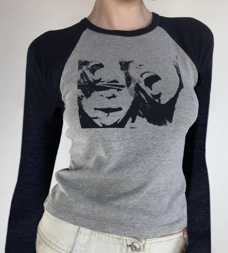 Harajuku Graphic Tees y2k Printing Bodycon Women's Crop Tops Casual Raglan Sleeve Autumn Tshirt Contrast Color Shirts