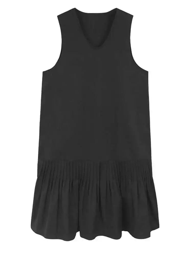 Women Black Pleated Hem Elegant Big Size Midi Vest Dress New V-Neck Sleeveless Fashion Tide Spring Autumn 2025 1DH9964