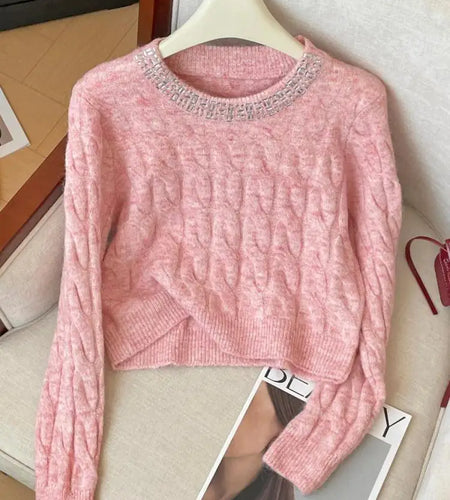 Autumn Winter Women Clothing Beige Pink Diamond Round Neck Short Pullover Sweater New Fashion Grey Long Sleeve Knitwear Top Chic
