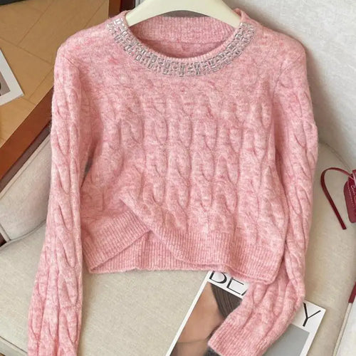 Load image into Gallery viewer, Autumn Winter Women Clothing Beige Pink Diamond Round Neck Short Pullover Sweater New Fashion Grey Long Sleeve Knitwear Top Chic
