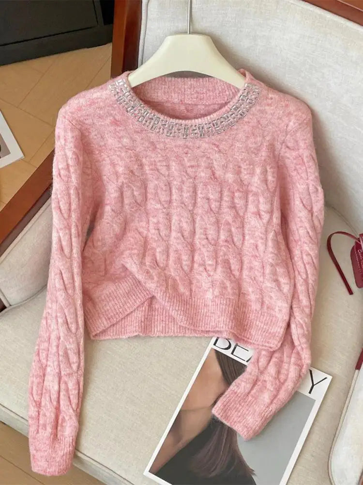 Autumn Winter Women Clothing Beige Pink Diamond Round Neck Short Pullover Sweater New Fashion Grey Long Sleeve Knitwear Top Chic