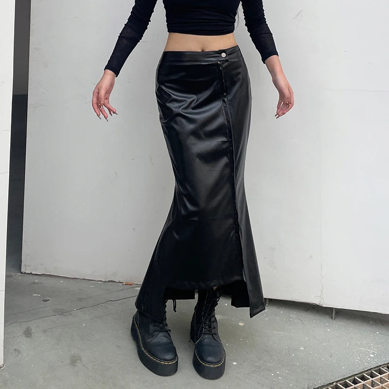 Asymmetrical Folds Black Leather Skirt Ladies Elegant Folds Zipper Sexy Long Skirt Clubwear Party Fashion Slit Bottom
