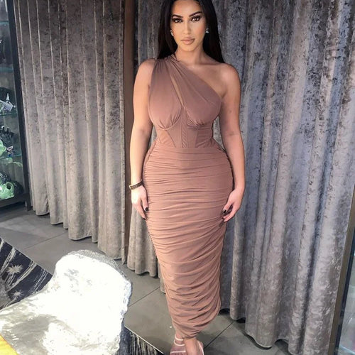 Load image into Gallery viewer, High Quality Mesh One Shoulder Backless Midi Dress For Women Fashion Hollow Out Sleeveless Ruched Long Dress Vestido
