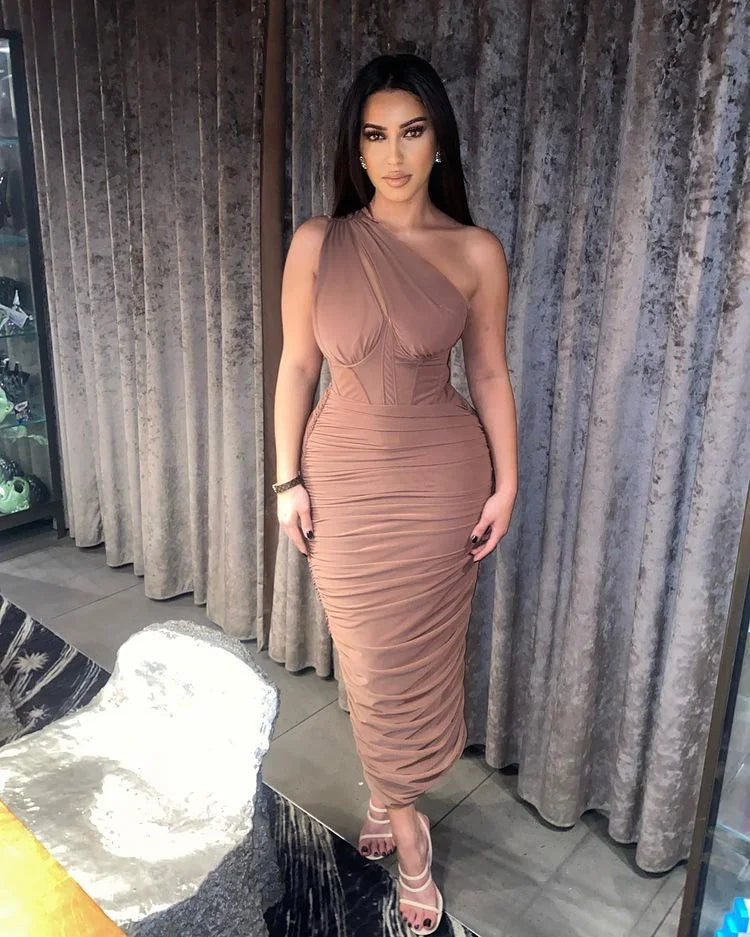 High Quality Mesh One Shoulder Backless Midi Dress For Women Fashion Hollow Out Sleeveless Ruched Long Dress Vestido