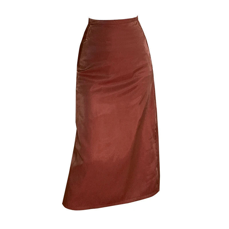 Spring Summer Korean Fashion Black Elegant Office Long Skirts For Women Red High Waisted Holiday Straight Half Skirt Simplicity