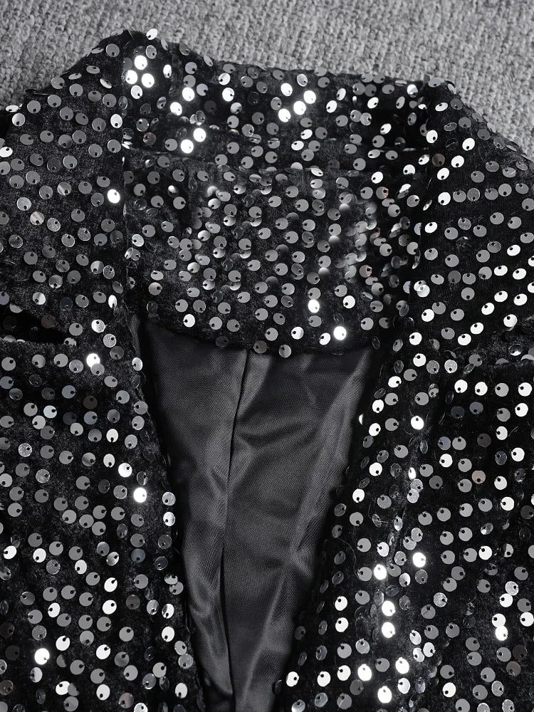 Women Black Irregular Hem Sequins Big Size Blazer New Lapel Long Sleeve Jacket Fashion Tide Spring Autumn 2025 CPG2606