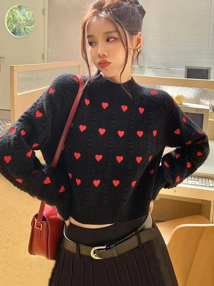 Women Fashion Heart Love Embroidery Knitted Pullover Sweater Vintage Long Sleeves O-Neck Female Chic Lady Tops C-153