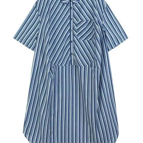 Load image into Gallery viewer, Women Blue Striped Spliced Pocket Big Size Casual Shirt Dress New Lapel Sleeve Fashion Tide Spring Summer 2025 1DH9810
