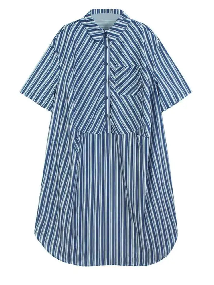 Women Blue Striped Spliced Pocket Big Size Casual Shirt Dress New Lapel Sleeve Fashion Tide Spring Summer 2025 1DH9810