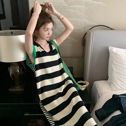 Load image into Gallery viewer, Summer French Style Stripe Women&#39;s Dress Casual Loose Fashion Classic Sleeveless Dress Sweet Ladies Street Chic Female Dress
