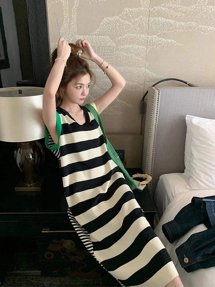 Summer French Style Stripe Women's Dress Casual Loose Fashion Classic Sleeveless Dress Sweet Ladies Street Chic Female Dress