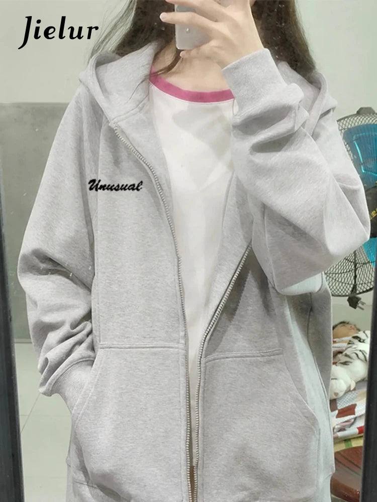 Casual Hooded Chicly Drawstring Women Hoodies Basic Letter Printing Street Simple Loose Fashion Zipper Top Female Hoodies