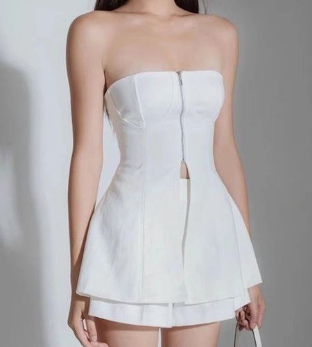 Solid Spliced Zipper Two Piece Set For Women Strapless Sleeveless Vest High Waist Shorts Elegnat Sets Female New