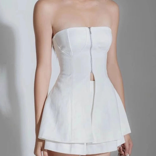 Load image into Gallery viewer, Solid Spliced Zipper Two Piece Set For Women Strapless Sleeveless Vest High Waist Shorts Elegnat Sets Female New
