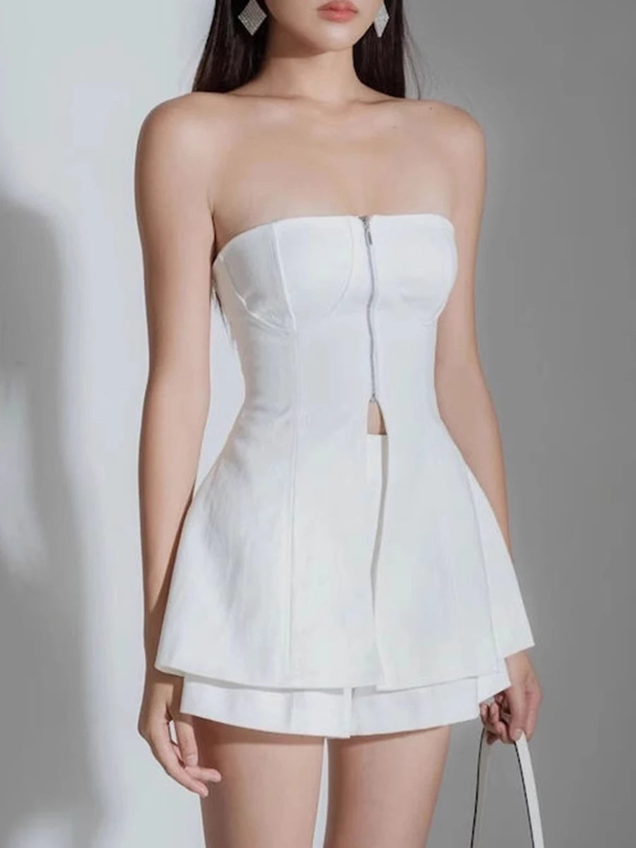 Solid Spliced Zipper Two Piece Set For Women Strapless Sleeveless Vest High Waist Shorts Elegnat Sets Female New