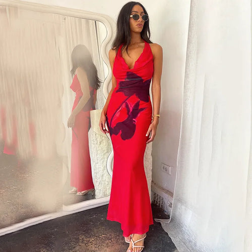 Load image into Gallery viewer, Halter Deep V Neck Printed Maxi Dress For Women Gown Red Off-shoulder Sleeveless Backless Fashion Bodycon Long Dress
