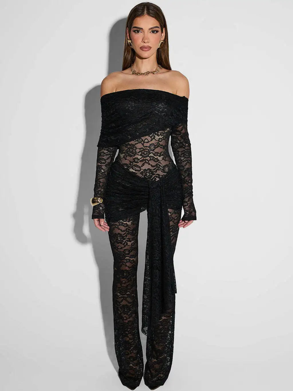 Elegant Off Shoulder Long Sleeved Lace Up Jumpsuit Party Club Jumpsuit Backless Lace See Through Jumpsuit Spring New2025