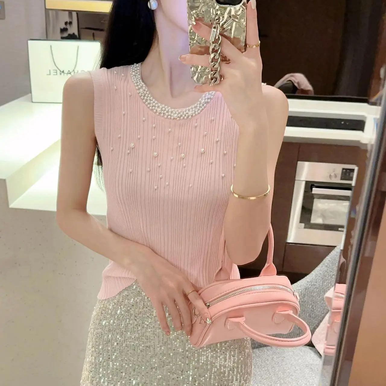 Vintage Solid Pearl Beaded Vest Women Sexy Club Elegant Chic Knitwear 2024 Summer Sleeveless O-neck Slim Tank Tops Popular Trend