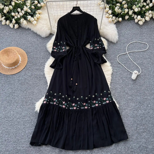 Load image into Gallery viewer, French Women Lace Embroidery Birthday Evening Party Dress Autumn Round Neck Elegant Long Sleeved Ruffles Lace-up Pleated Dresses

