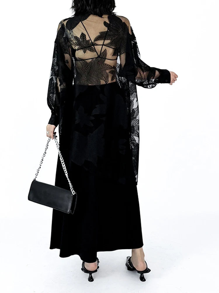 Women Black Lace Perspective Elegant Big Size Blouse New Lapel Long Sleeve Shirt Fashion Tide Spring Autumn 2025 1DJ1416