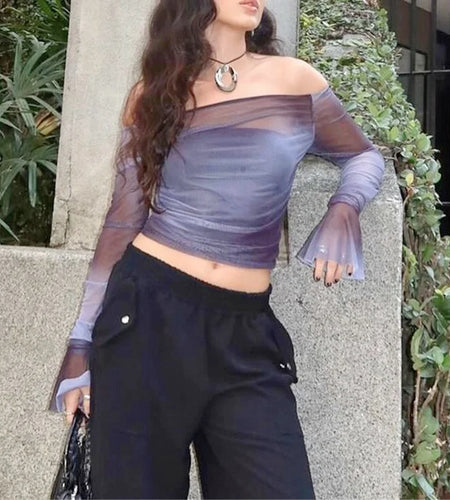 y2k Aesthetic Tops Women Sexy Clothes Tie Dye Print Off Shoulder Flared Long Sleeve T Shirts 2000s Clothing Streetwear