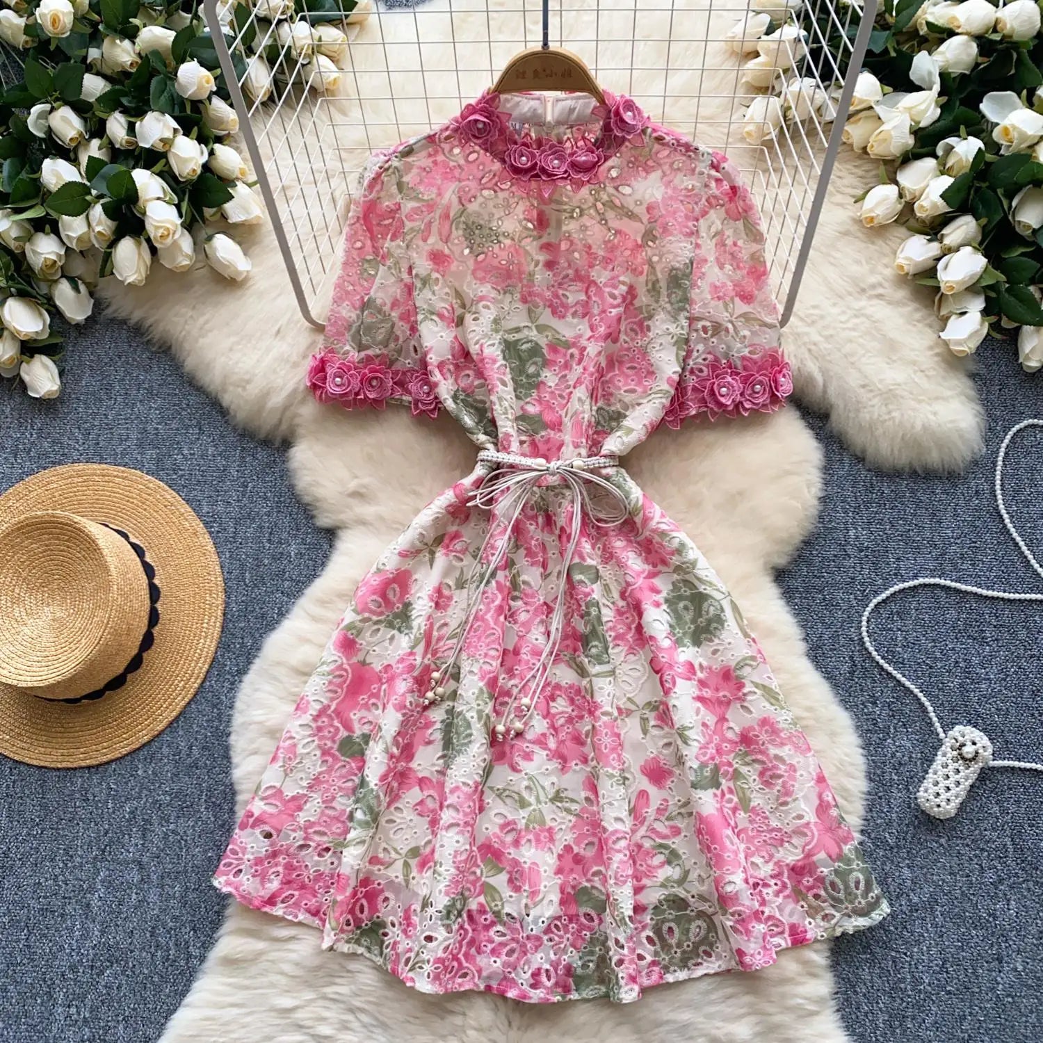 French Retro Women Embroidered Flower Bead Round Neck Short Sleeved Mini Dress Summer Hollowed Out Lace-up Evening Party Dresses