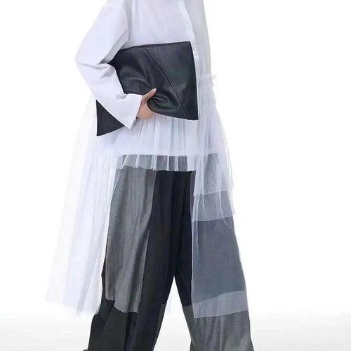 Load image into Gallery viewer, Women Black Mesh Irregular Spliced Long Big Size Blouse New Lapel Long Sleeve Shirt Fashion Spring Autumn 2025 1DH7624
