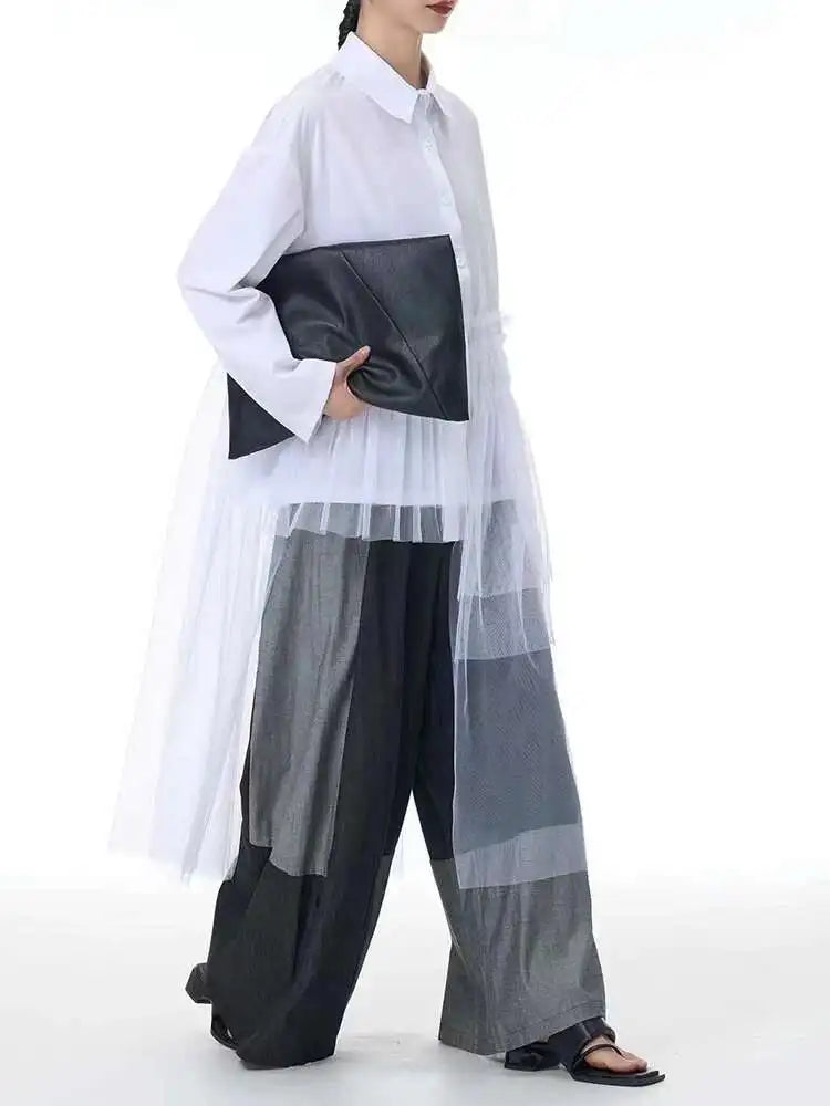 Women Black Mesh Irregular Spliced Long Big Size Blouse New Lapel Long Sleeve Shirt Fashion Spring Autumn 2025 1DH7624