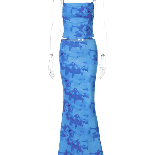 Load image into Gallery viewer, Strapless Print Sexy Two Piece Sets Women Spaghetti Strap Crop Tops And Maxi Skirt Female Elegant Printed 2 Piece Sets
