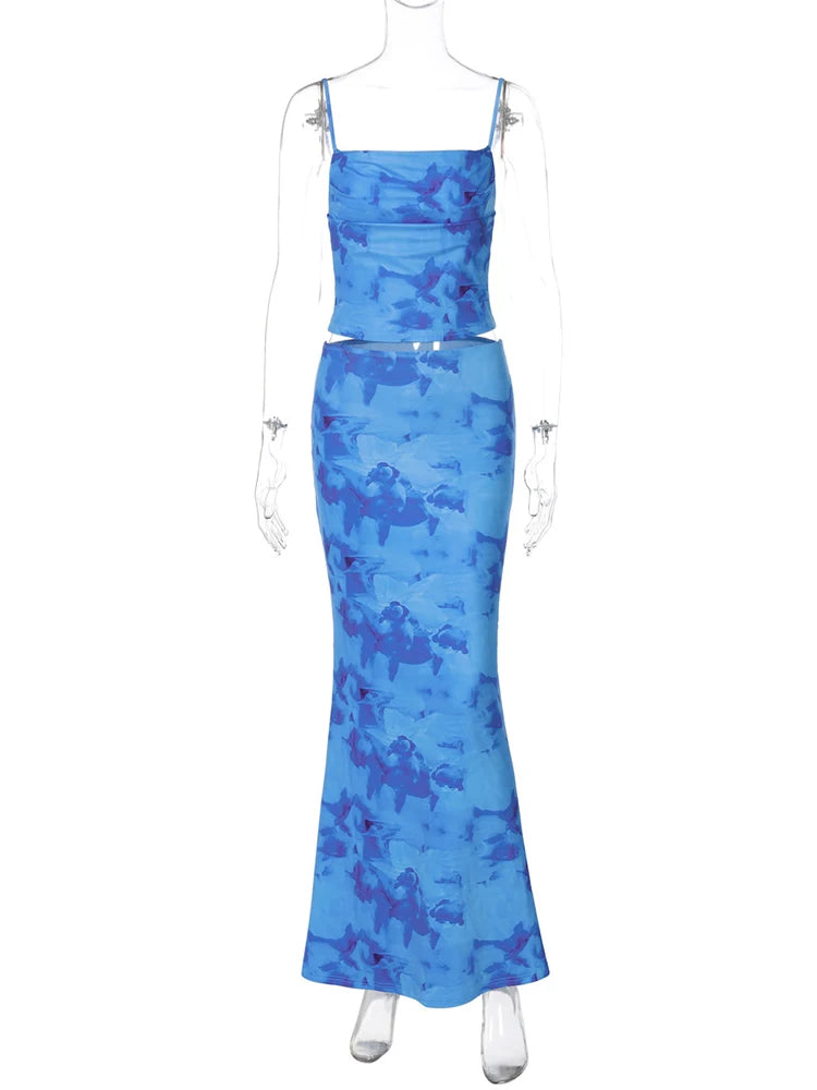 Strapless Print Sexy Two Piece Sets Women Spaghetti Strap Crop Tops And Maxi Skirt Female Elegant Printed 2 Piece Sets