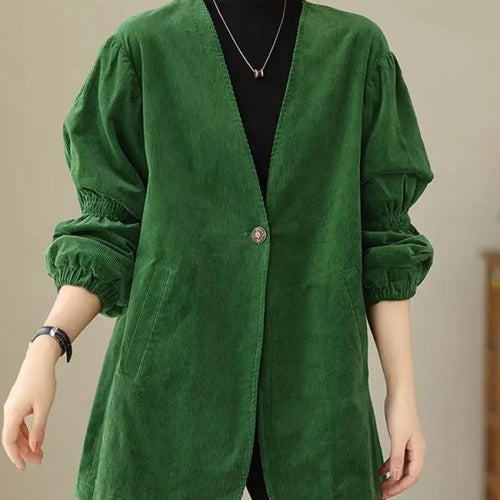 Load image into Gallery viewer, Women Green Retro Artistic Corduroy Blazer Jacket Spring Autumn V Neck Long Sleeve Versatile Loose High-end Workwear Suit Coats
