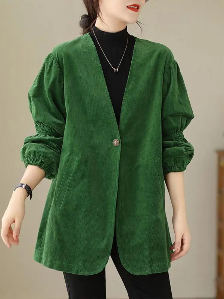 Women Green Retro Artistic Corduroy Blazer Jacket Spring Autumn V Neck Long Sleeve Versatile Loose High-end Workwear Suit Coats
