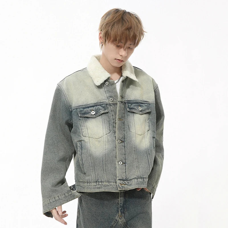 Autumn Men's Denim Jackets Worn-out Turn-down Collar Fleece Thinckened Single Breasted Washed Loose Male Coats 9C8729