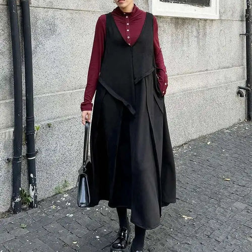 Load image into Gallery viewer, Women Black Irregular Spliced Big Size Long Strap Dress New V-Neck Sleeveless Fashion Tide Spring Autumn 2025 1DH7700
