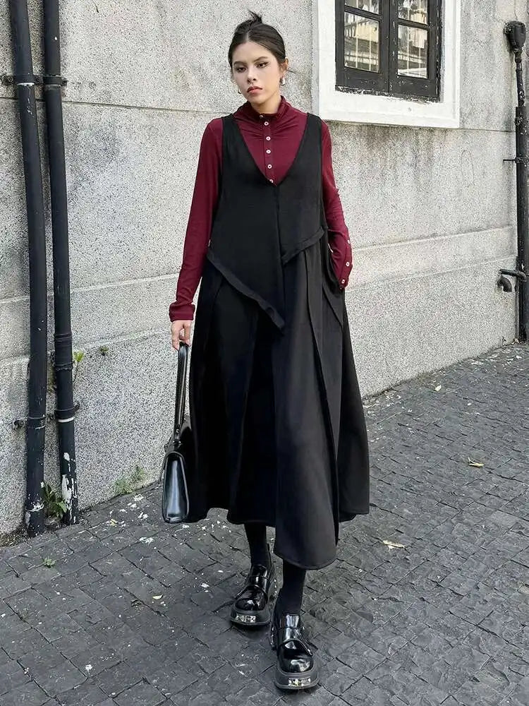 Women Black Irregular Spliced Big Size Long Strap Dress New V-Neck Sleeveless Fashion Tide Spring Autumn 2025 1DH7700