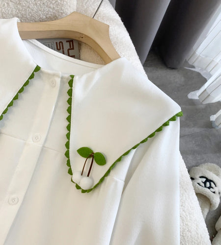 2024 Autumn Winter Women Beige Patchwork Shirt White Long Sleeve Cute Doll Collar Blouse Female Versatile Preppy Style Tops Chic