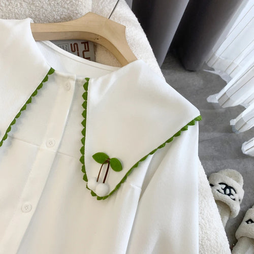 Load image into Gallery viewer, 2024 Autumn Winter Women Beige Patchwork Shirt White Long Sleeve Cute Doll Collar Blouse Female Versatile Preppy Style Tops Chic
