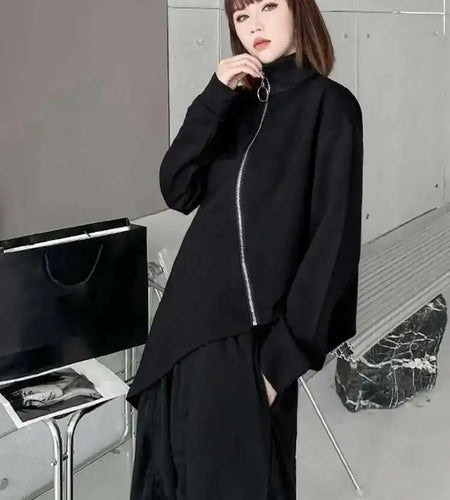 Women Black Big Size Irregular T-shirt New Turtleneck Long Sleeve Loose Fit Fashion Tide Spring Autumn 2025 1DH4338