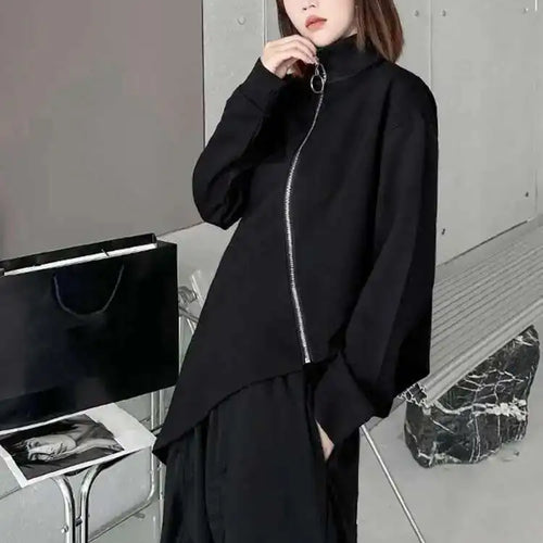 Load image into Gallery viewer, Women Black Big Size Irregular T-shirt New Turtleneck Long Sleeve Loose Fit Fashion Tide Spring Autumn 2025 1DH4338
