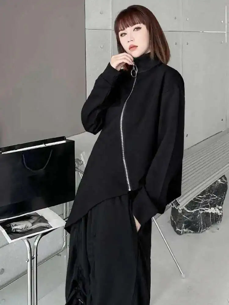 Women Black Big Size Irregular T-shirt New Turtleneck Long Sleeve Loose Fit Fashion Tide Spring Autumn 2025 1DH4338