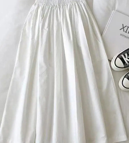 Korean Black White High Waist Vacation Slim Pleated Long Skirt Spring Summe Women Blue Khaki Elegant Workwear A-line Skirt Trend