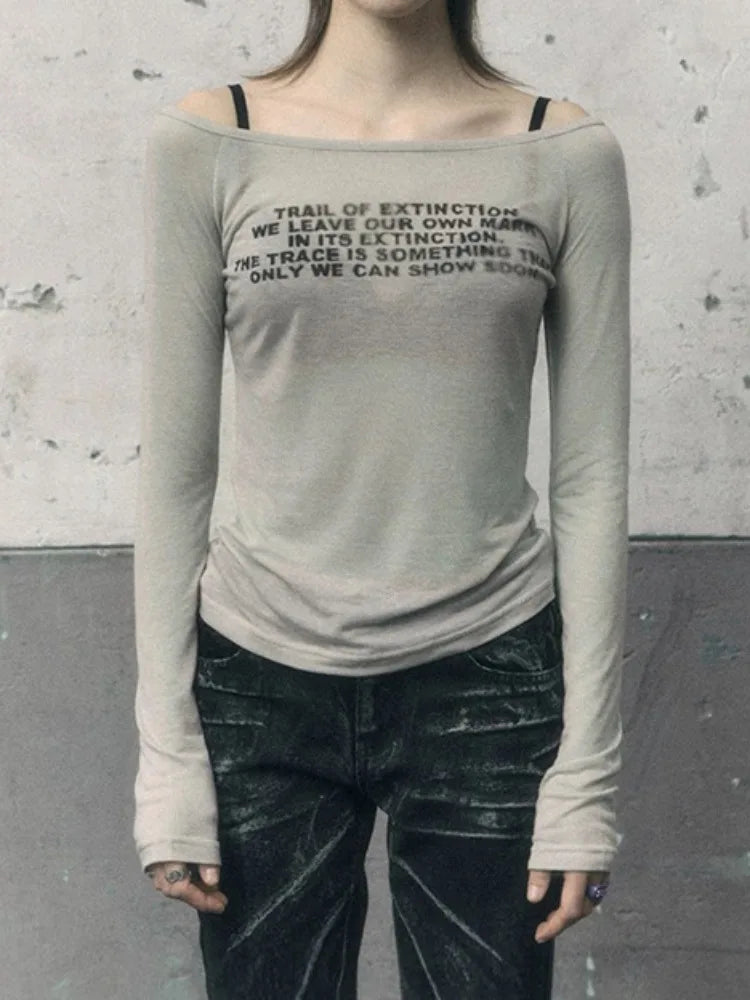 Y2k Aesthetic Vintage Letter Print Tshirts Women Harajuku Gothic Punk Basic T-shirt 2025 Streetwear Slim Bottoming Tees Femme