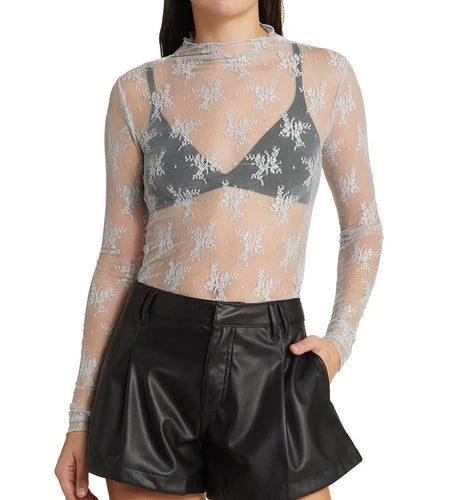 See Through Lace Top Women Sexy Sheer Hollow Out Turtleneck Long Sleeve T Shirt Elegant Ladies Clothing Streetwear