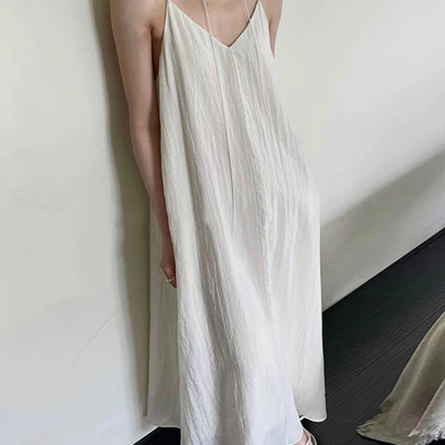 Load image into Gallery viewer, White Spaghetti Strap Elegant Women Dresses French Style Slim Loose Solid Color V-neck Office Lady Summer Maxi Dress
