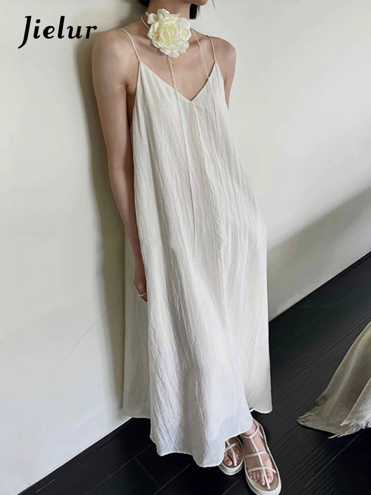 White Spaghetti Strap Elegant Women Dresses French Style Slim Loose Solid Color V-neck Office Lady Summer Maxi Dress