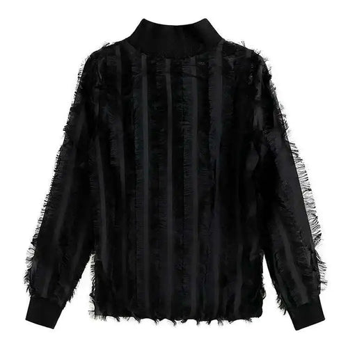 Load image into Gallery viewer, Women Black Tassels Perspective Elegant T-shirt New Turtleneck Long Sleeve Fashion Tide Spring Autumn 2025 1DH4415
