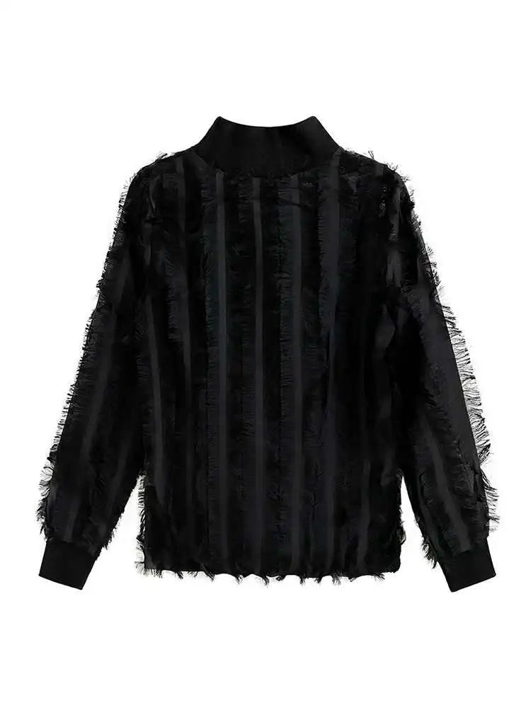 Women Black Tassels Perspective Elegant T-shirt New Turtleneck Long Sleeve Fashion Tide Spring Autumn 2025 1DH4415