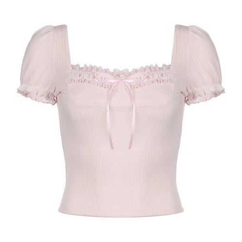 Load image into Gallery viewer, Sweet Pink Lace Trim Ruched Summer T shirt Women Bow Cutecore Korean Fashion Cropped Top Solid Square Neck Korean Tee
