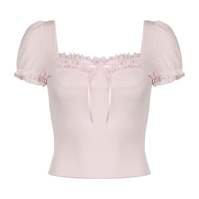 Sweet Pink Lace Trim Ruched Summer T shirt Women Bow Cutecore Korean Fashion Cropped Top Solid Square Neck Korean Tee