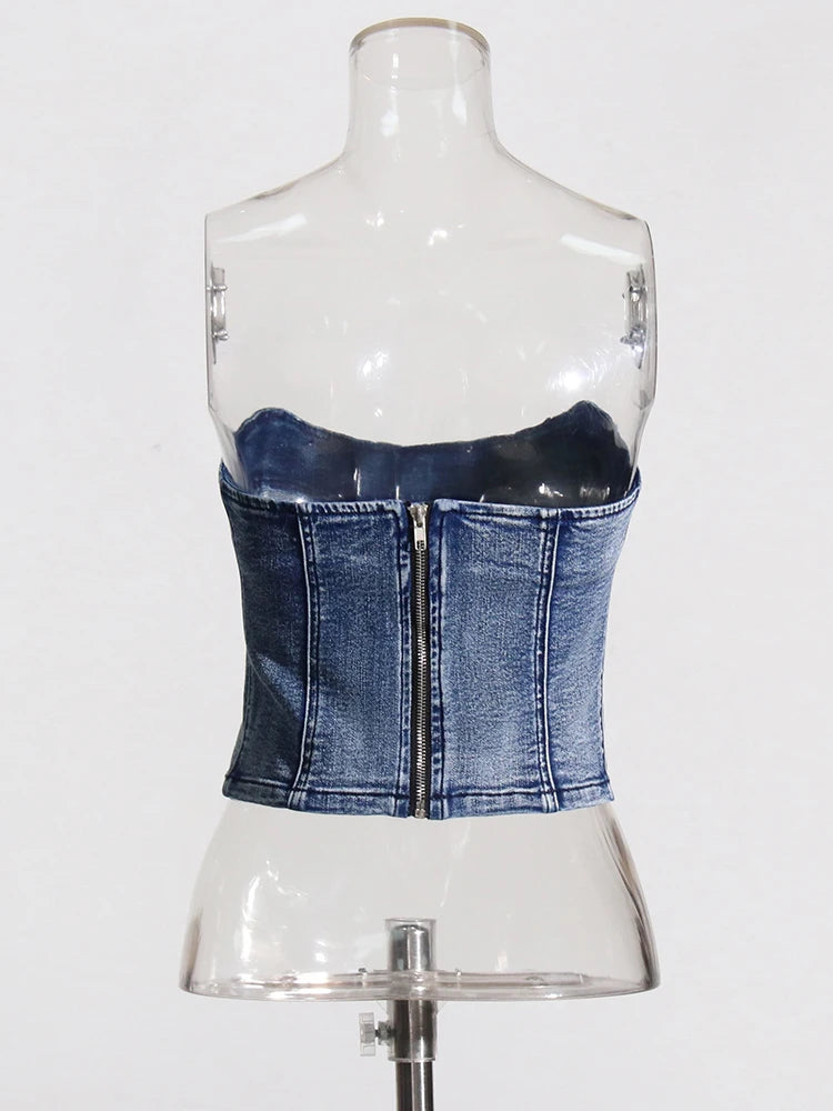 Solid Minimalist Denim Tank Tops For Women Strapless Sleeveless Off Shoulder Spliced Zipper Sexy Vests Female Fashion New